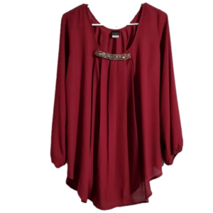 Salon Studio Women's Maroon Polyester Embelished Neckline Blouse Size Large